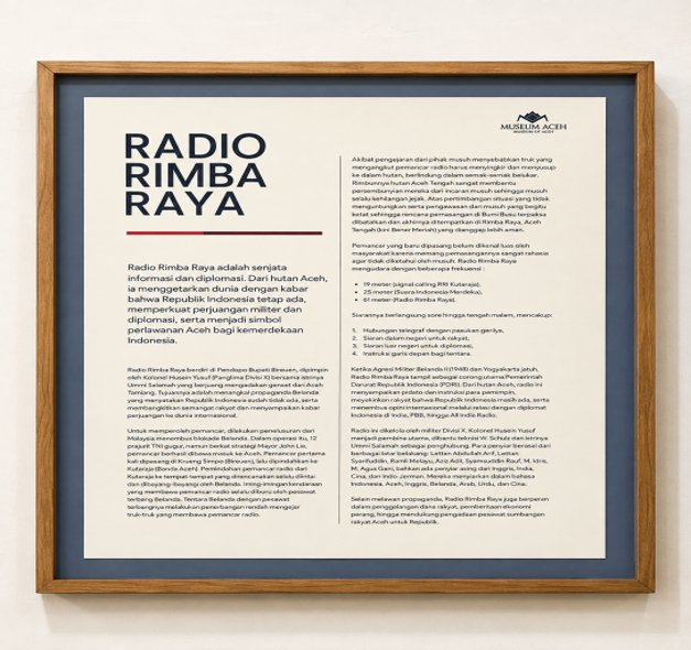 Panel sejarah Radio Rimba Raya yang didokumentasikan YPANBA di Museum Perjuangan Bireuen.